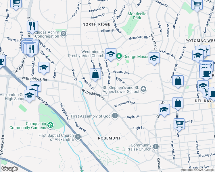 map of restaurants, bars, coffee shops, grocery stores, and more near 2414 Cameron Mills Road in Alexandria