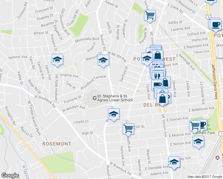 map of restaurants, bars, coffee shops, grocery stores, and more near 2208 Russell Rd in Alexandria