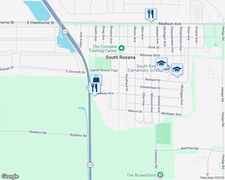 map of restaurants, bars, coffee shops, grocery stores, and more near 608 Central Park Place in South Roxana