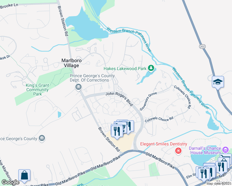 map of restaurants, bars, coffee shops, grocery stores, and more near 30 Amberfield Drive in Upper Marlboro