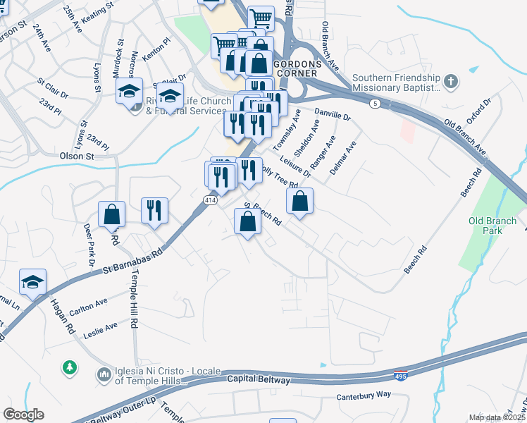map of restaurants, bars, coffee shops, grocery stores, and more near 4594 Beech Road in Temple Hills