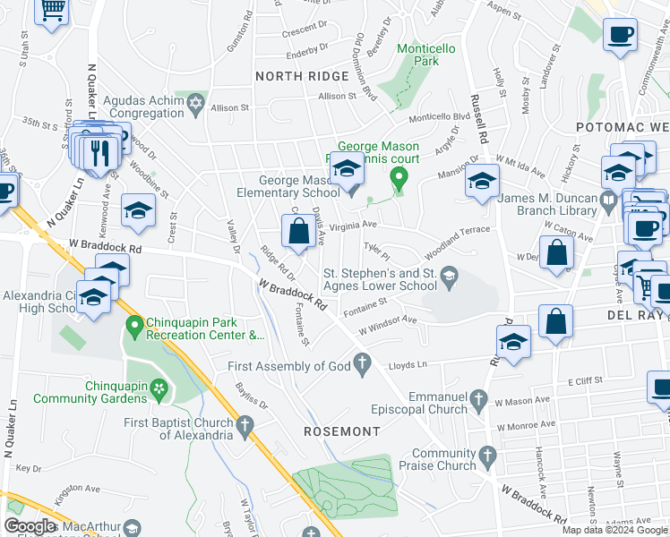 map of restaurants, bars, coffee shops, grocery stores, and more near 2414 Cameron Mills Road in Alexandria