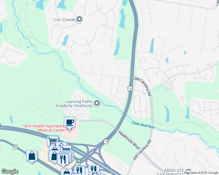 map of restaurants, bars, coffee shops, grocery stores, and more near 6016 Smooth Stone Place in Haymarket