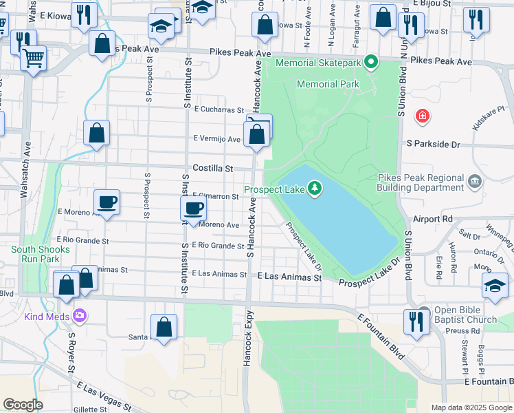 map of restaurants, bars, coffee shops, grocery stores, and more near 1113 East Cimarron Street in Colorado Springs