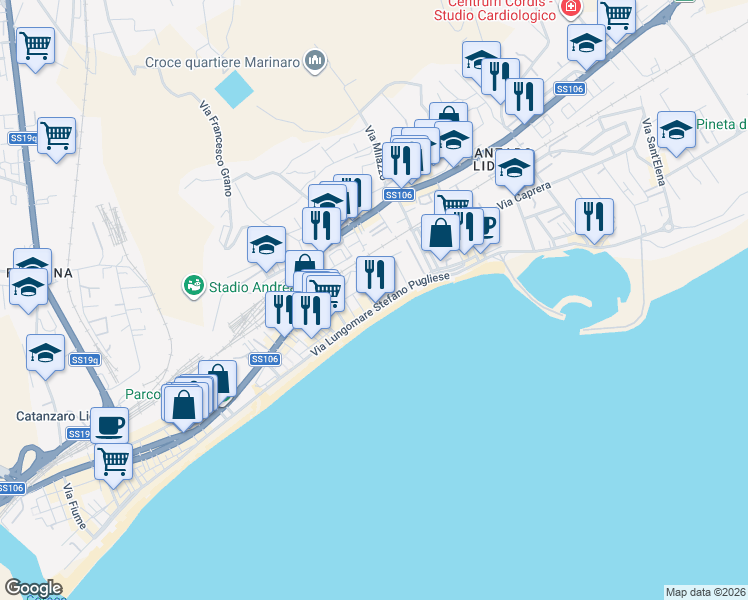 map of restaurants, bars, coffee shops, grocery stores, and more near 15 Via Vespucci Amerigo in Catanzaro