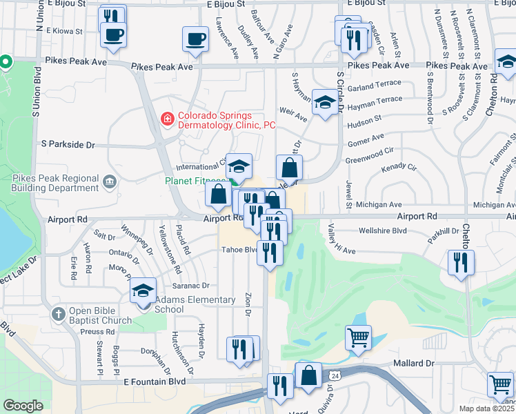 map of restaurants, bars, coffee shops, grocery stores, and more near 2588 Airport Road in Colorado Springs