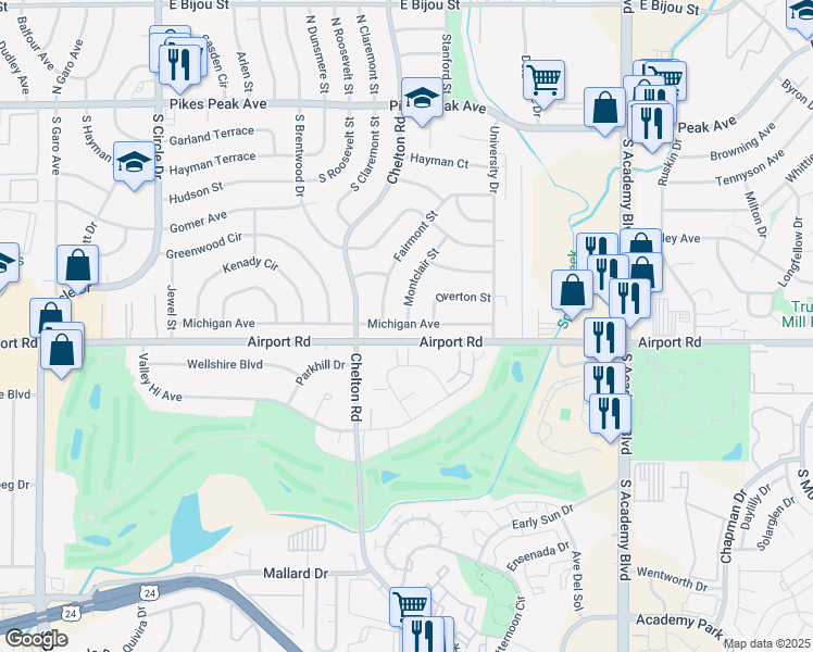 map of restaurants, bars, coffee shops, grocery stores, and more near 3631 Michigan Avenue in Colorado Springs