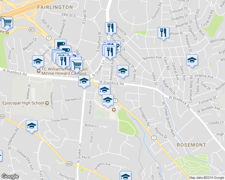 map of restaurants, bars, coffee shops, grocery stores, and more near 2707 Franklin Court in Alexandria