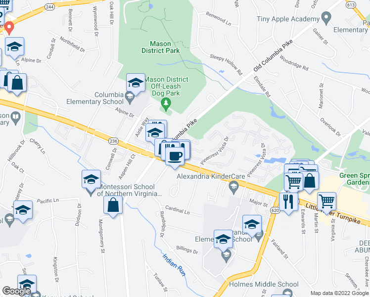 map of restaurants, bars, coffee shops, grocery stores, and more near 6608 Jupiter Hills Circle in Alexandria