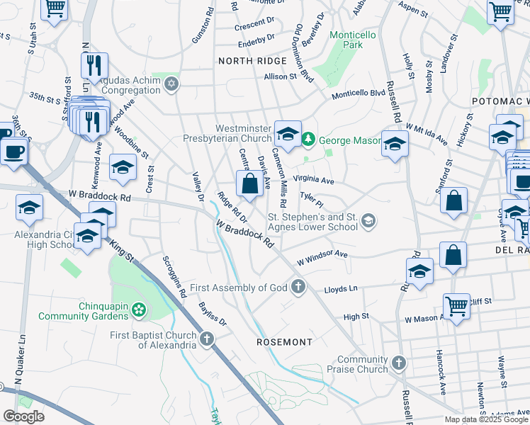 map of restaurants, bars, coffee shops, grocery stores, and more near 2410 Davis Avenue in Alexandria