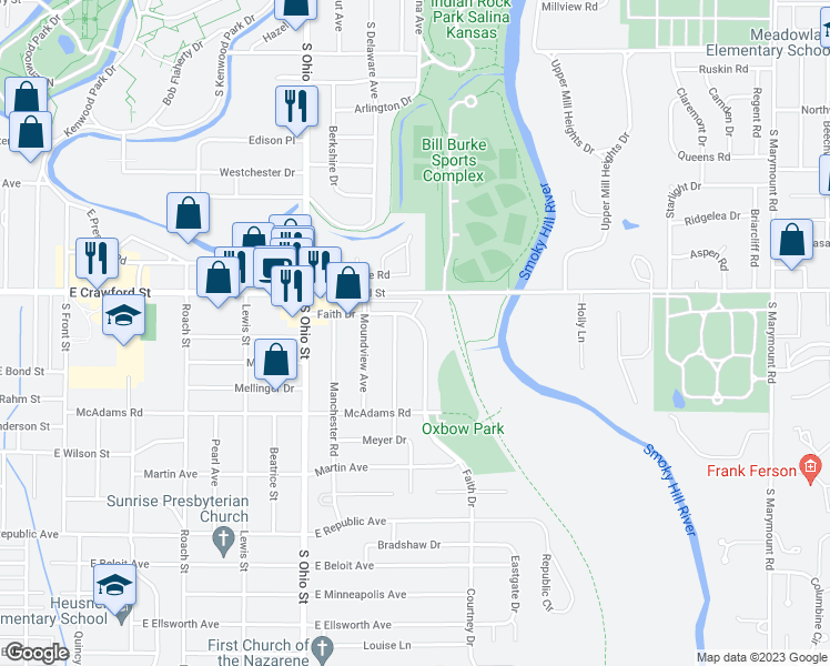 map of restaurants, bars, coffee shops, grocery stores, and more near 728 Faith Drive in Salina