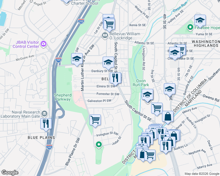map of restaurants, bars, coffee shops, grocery stores, and more near 38 Elmira Street Southwest in Washington