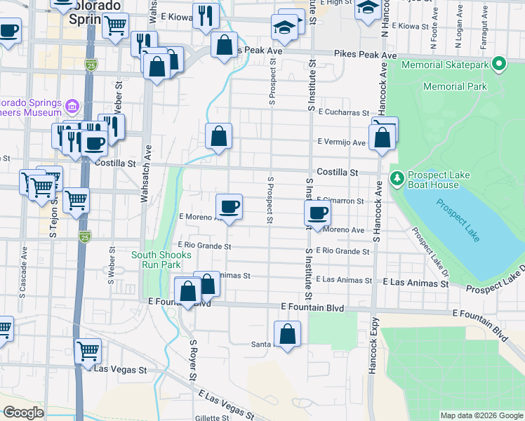 map of restaurants, bars, coffee shops, grocery stores, and more near 510 South Prospect Street in Colorado Springs