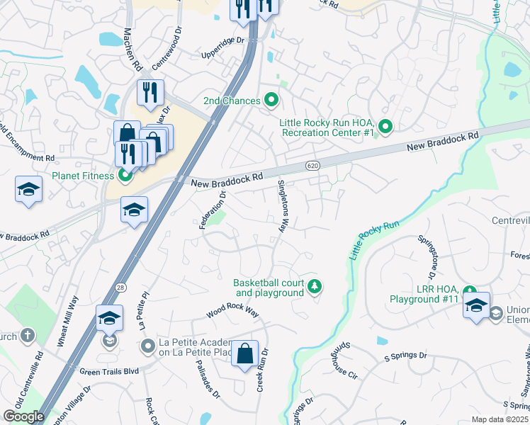 map of restaurants, bars, coffee shops, grocery stores, and more near 14024 Winding Ridge Ln in Centreville