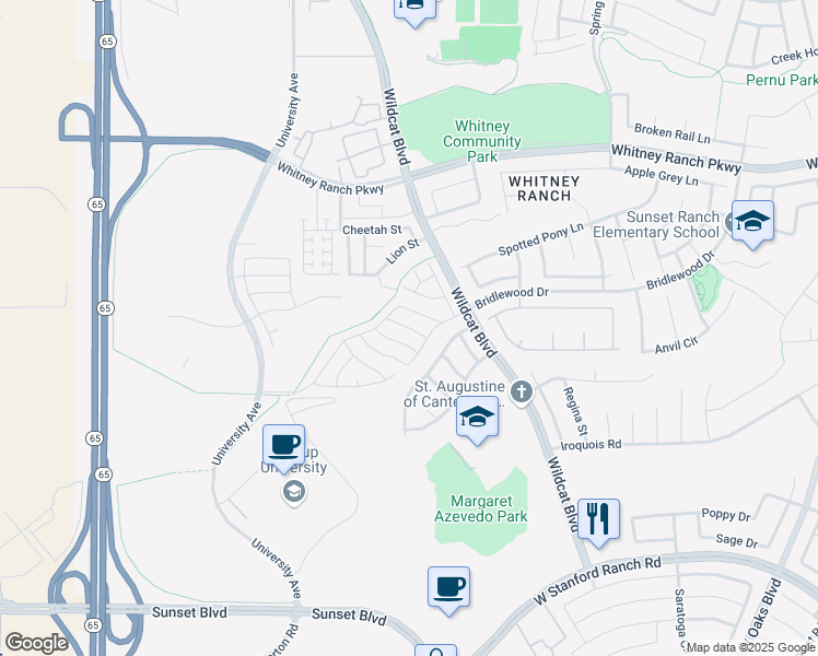 map of restaurants, bars, coffee shops, grocery stores, and more near Brodea Lane in Rocklin