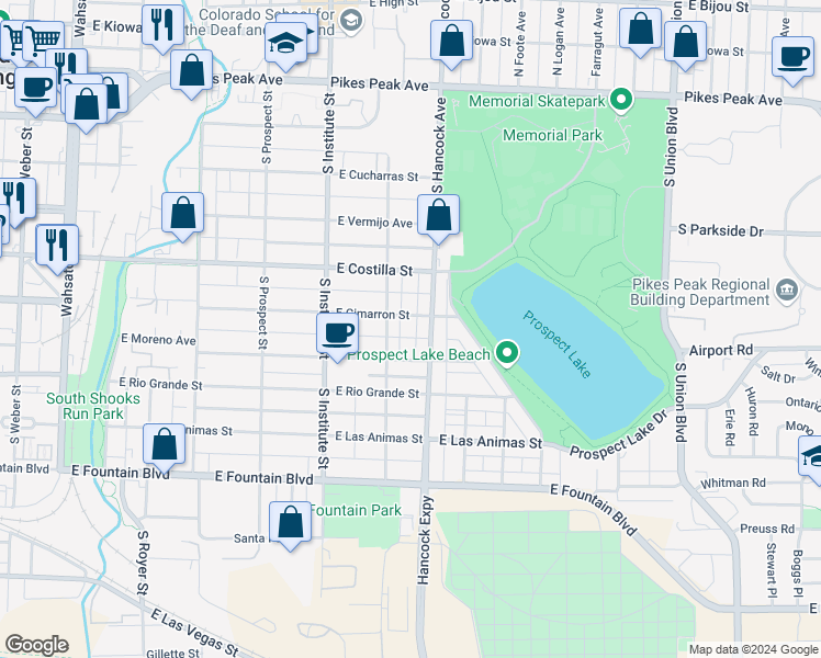 map of restaurants, bars, coffee shops, grocery stores, and more near 1019 East Cimarron Street in Colorado Springs