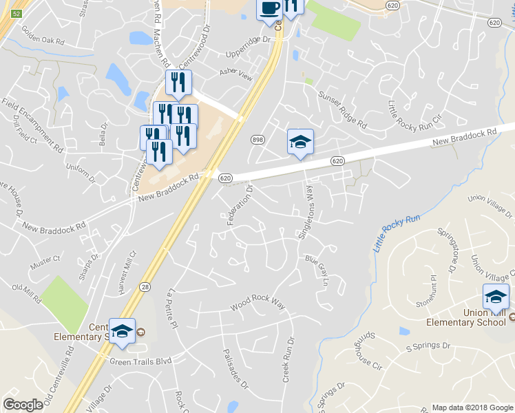 map of restaurants, bars, coffee shops, grocery stores, and more near 14085 Winding Ridge Lane in Centreville