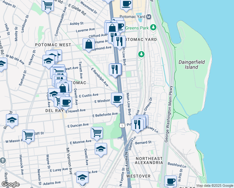 map of restaurants, bars, coffee shops, grocery stores, and more near 2200 Richmond Highway in Alexandria