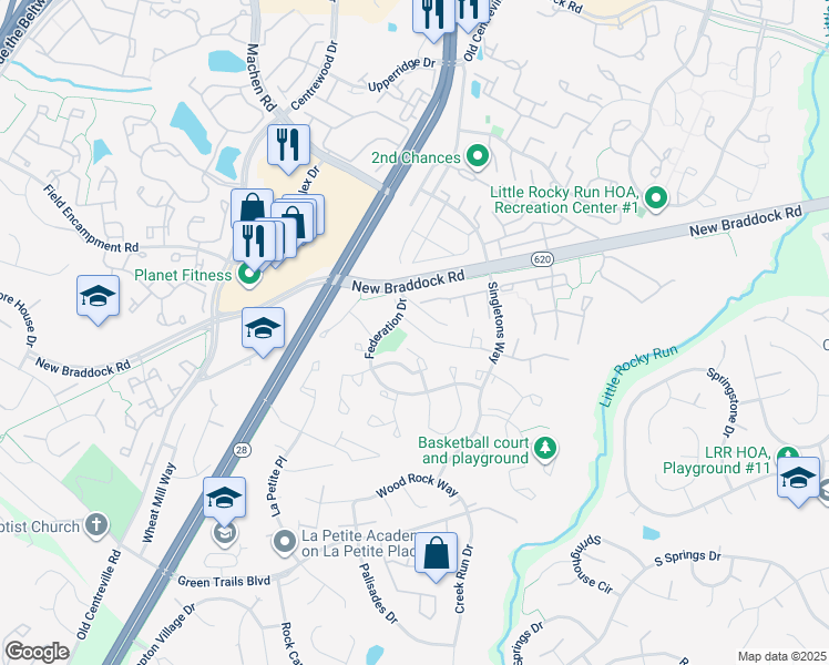 map of restaurants, bars, coffee shops, grocery stores, and more near 14085 Winding Ridge Lane in Centreville