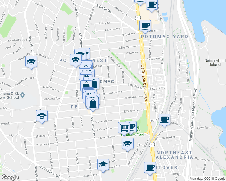 map of restaurants, bars, coffee shops, grocery stores, and more near 314 East Custis Avenue in Alexandria