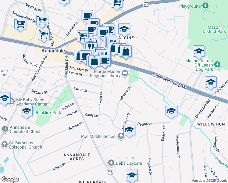 map of restaurants, bars, coffee shops, grocery stores, and more near 4507 Carrico Drive in Annandale
