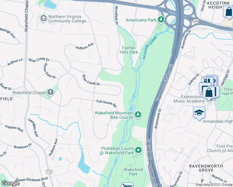 map of restaurants, bars, coffee shops, grocery stores, and more near 8200 Briar Creek Drive in Annandale