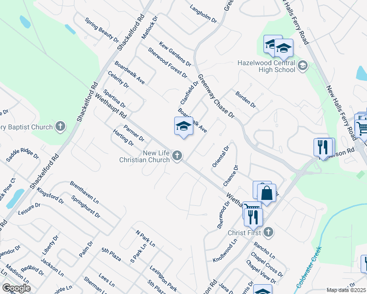 map of restaurants, bars, coffee shops, grocery stores, and more near 1105 Wiethaupt Road in Florissant