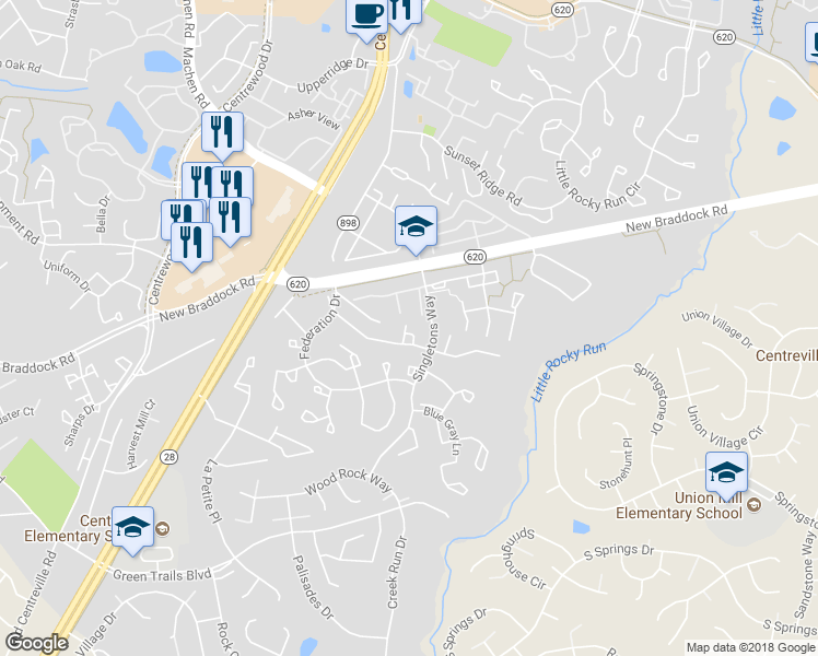 map of restaurants, bars, coffee shops, grocery stores, and more near 14016 Winding Ridge Lane in Centreville