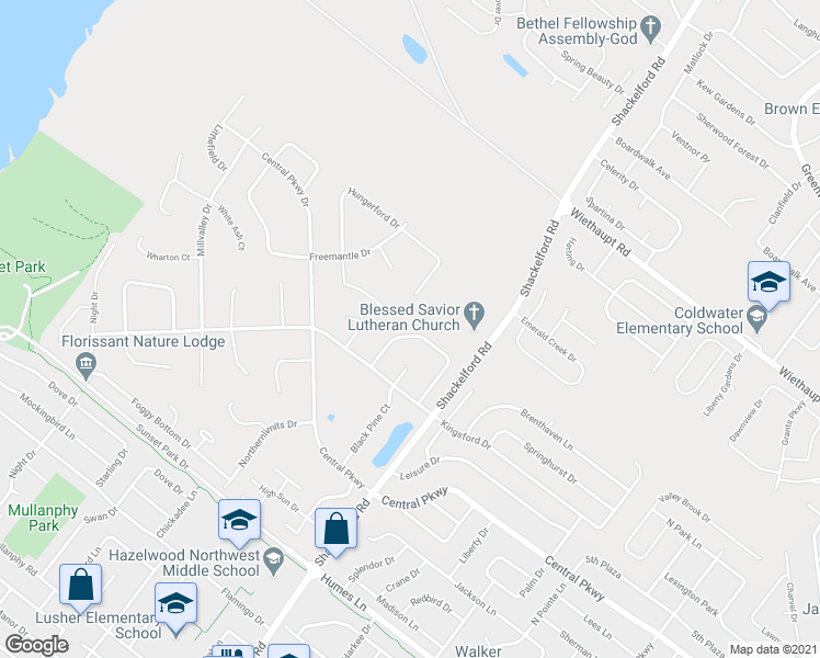 map of restaurants, bars, coffee shops, grocery stores, and more near 2563 Saddle Ridge Drive in Florissant
