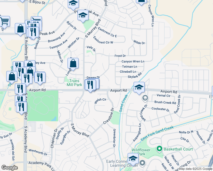 map of restaurants, bars, coffee shops, grocery stores, and more near 326 Bonnie Court in Colorado Springs