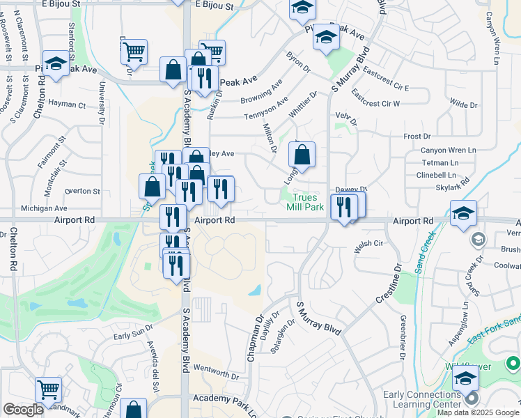 map of restaurants, bars, coffee shops, grocery stores, and more near 328 Poe Place in Colorado Springs