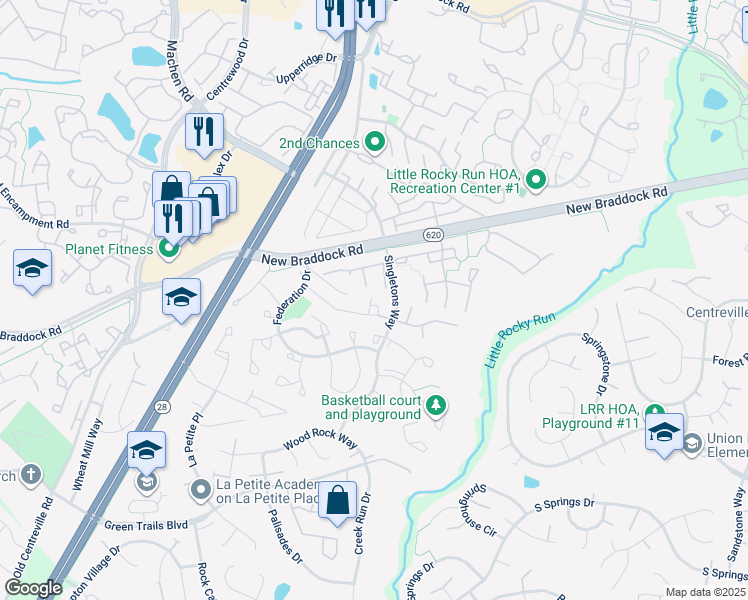 map of restaurants, bars, coffee shops, grocery stores, and more near 14016 Winding Ridge Lane in Centreville