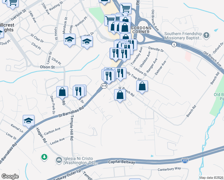 map of restaurants, bars, coffee shops, grocery stores, and more near 4606 Beech Way in Temple Hills