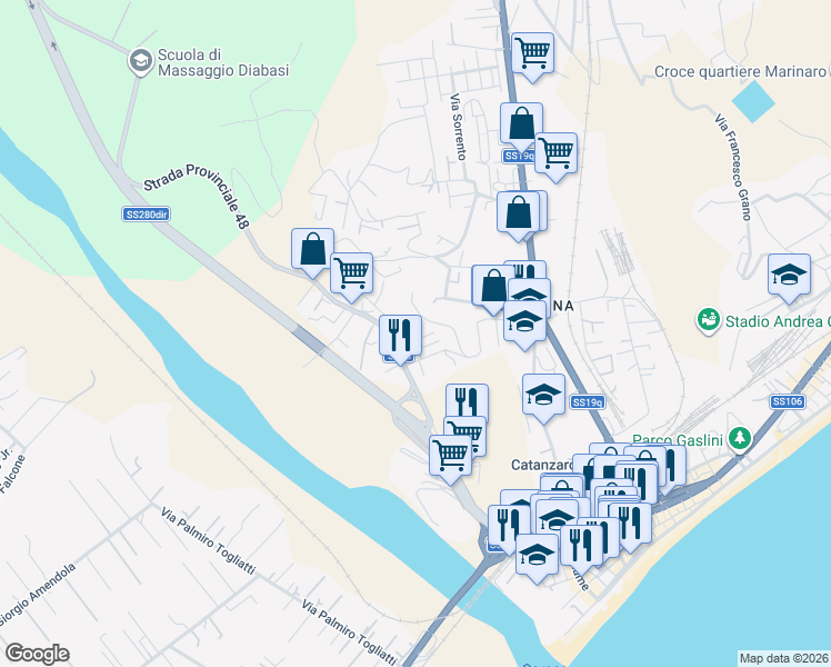 map of restaurants, bars, coffee shops, grocery stores, and more near 2 Via Michele Maria Manfredi in Provincia di Catanzaro