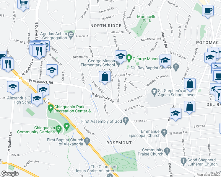 map of restaurants, bars, coffee shops, grocery stores, and more near 2410 Davis Avenue in Alexandria