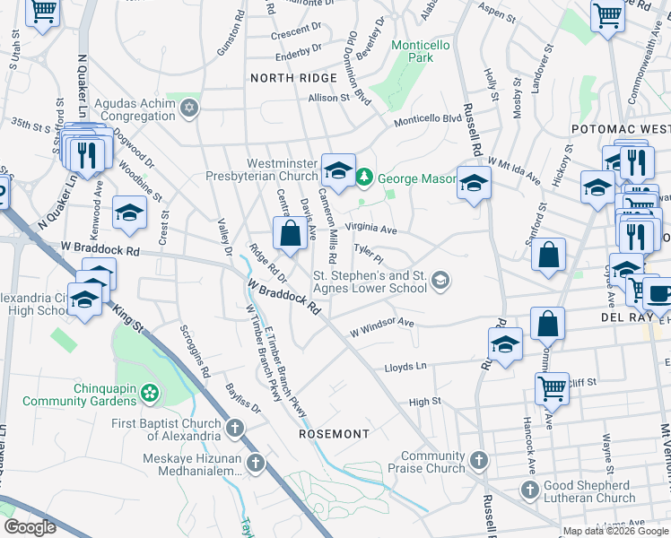 map of restaurants, bars, coffee shops, grocery stores, and more near 2411 Cameron Mills Road in Alexandria