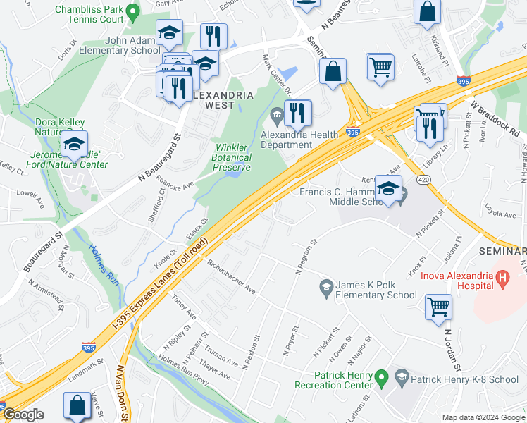 map of restaurants, bars, coffee shops, grocery stores, and more near 1349 North Van Dorn Street in Alexandria