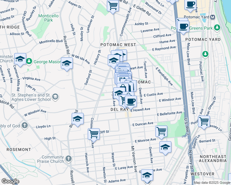 map of restaurants, bars, coffee shops, grocery stores, and more near 103 East Del Ray Avenue in Alexandria