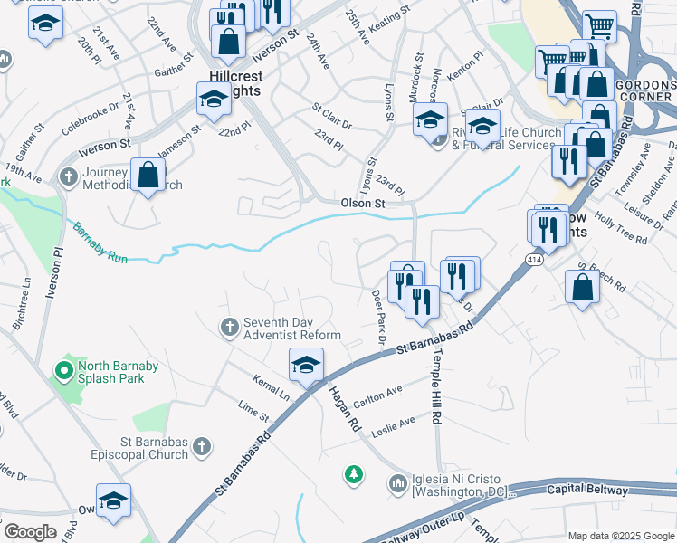 map of restaurants, bars, coffee shops, grocery stores, and more near 4503 Deer Park Drive in Temple Hills