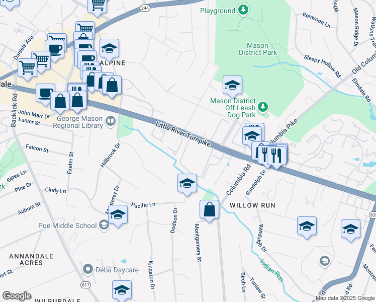 map of restaurants, bars, coffee shops, grocery stores, and more near 4579 Logsdon Drive in Annandale