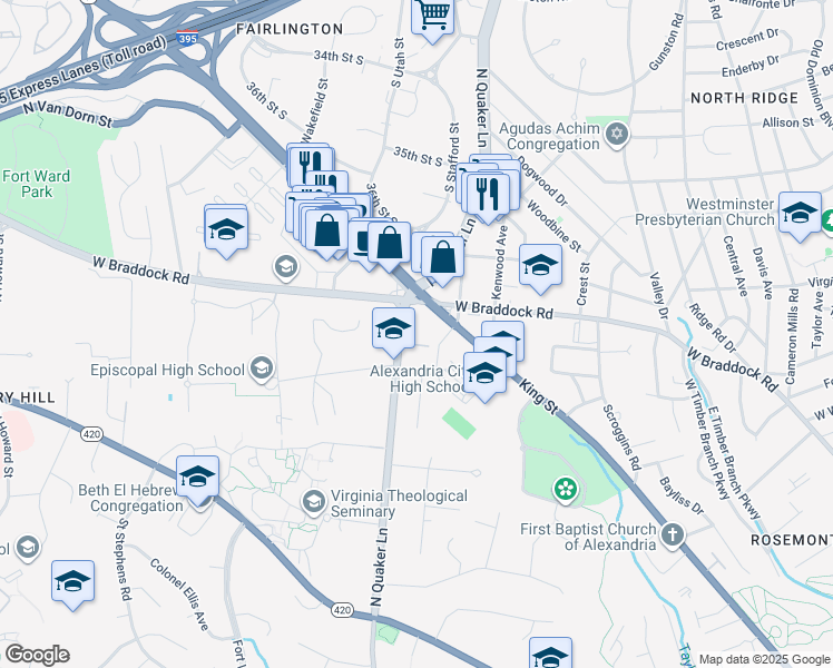 map of restaurants, bars, coffee shops, grocery stores, and more near 1223 North Quaker Lane in Alexandria