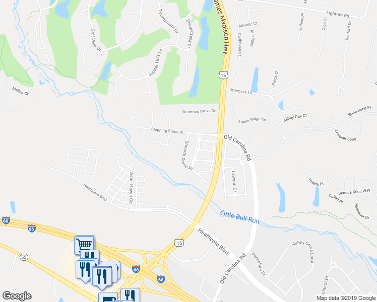 map of restaurants, bars, coffee shops, grocery stores, and more near 6015 Smooth Stone Place in Haymarket