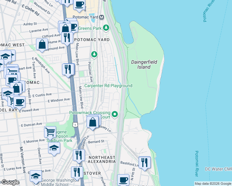 map of restaurants, bars, coffee shops, grocery stores, and more near 1814 West Abingdon Drive in Alexandria