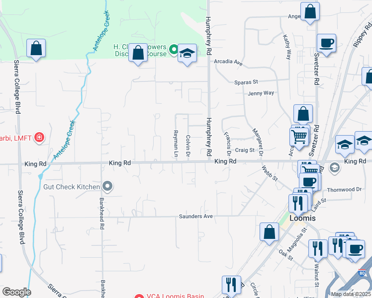 map of restaurants, bars, coffee shops, grocery stores, and more near 3466 Colvin Drive in Loomis