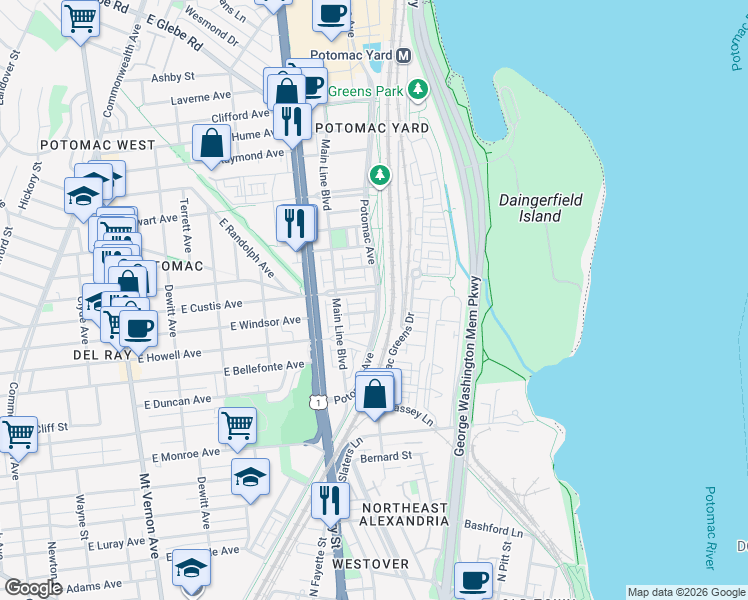 map of restaurants, bars, coffee shops, grocery stores, and more near 2110 Potomac Avenue in Alexandria