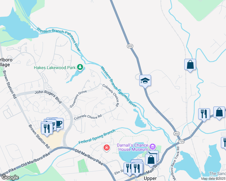 map of restaurants, bars, coffee shops, grocery stores, and more near 14631 Colonels Choice Road in Upper Marlboro