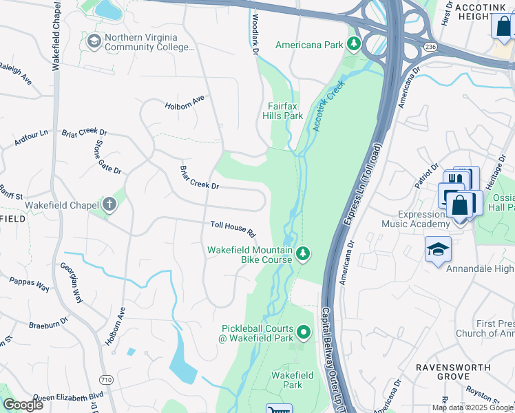 map of restaurants, bars, coffee shops, grocery stores, and more near 8200 Briar Creek Drive in Annandale