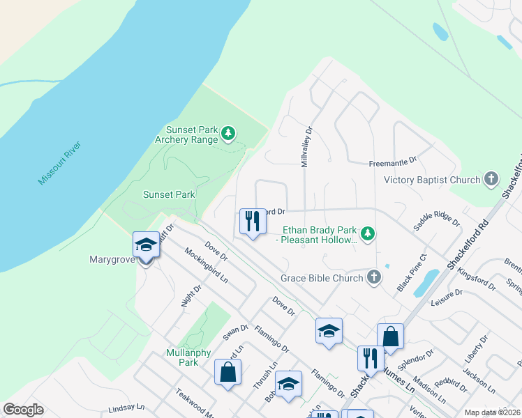 map of restaurants, bars, coffee shops, grocery stores, and more near 2359 Kingsford Drive in Florissant