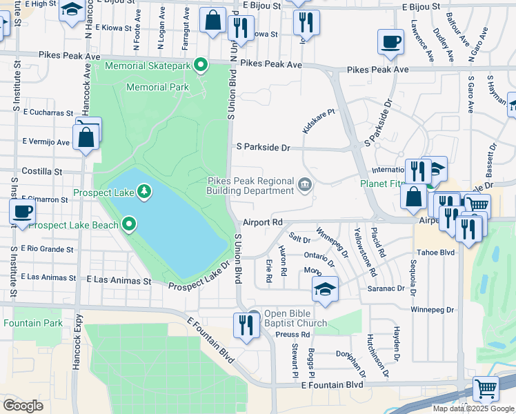 map of restaurants, bars, coffee shops, grocery stores, and more near 1834 Airport Road in Colorado Springs