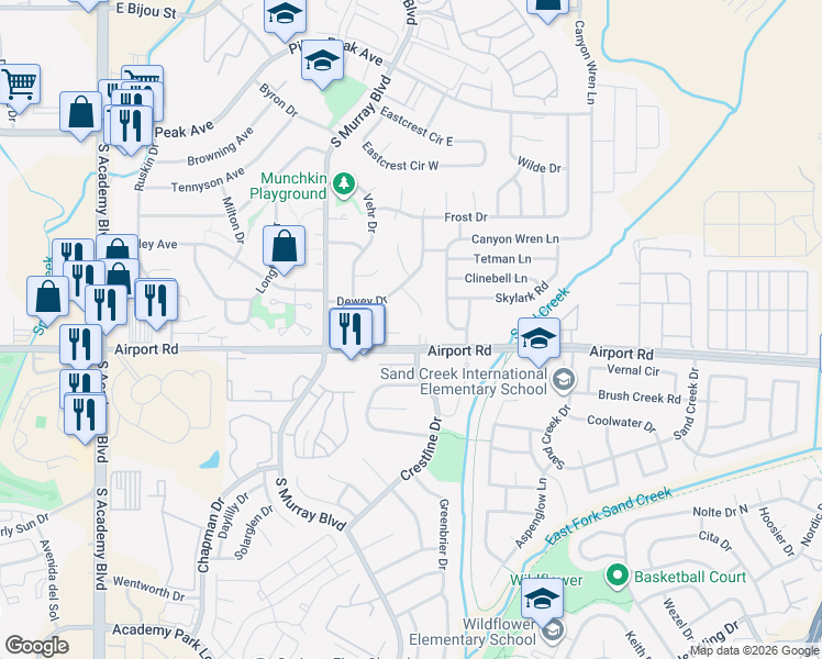 map of restaurants, bars, coffee shops, grocery stores, and more near 326 Bonnie Court in Colorado Springs